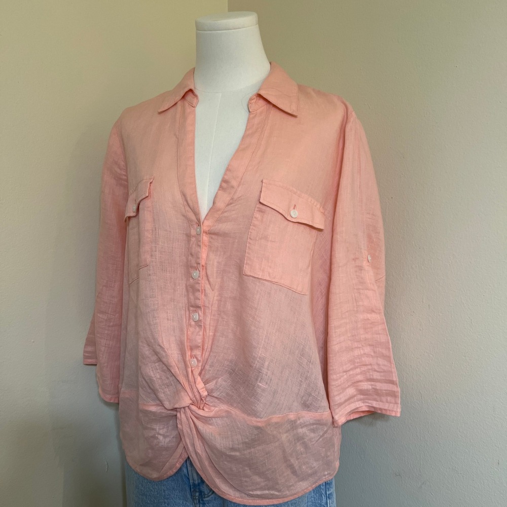 INC International Concepts Peach Pink 100% Linen Twist Front Roll Tab Blouse L - Picture 2 of 6